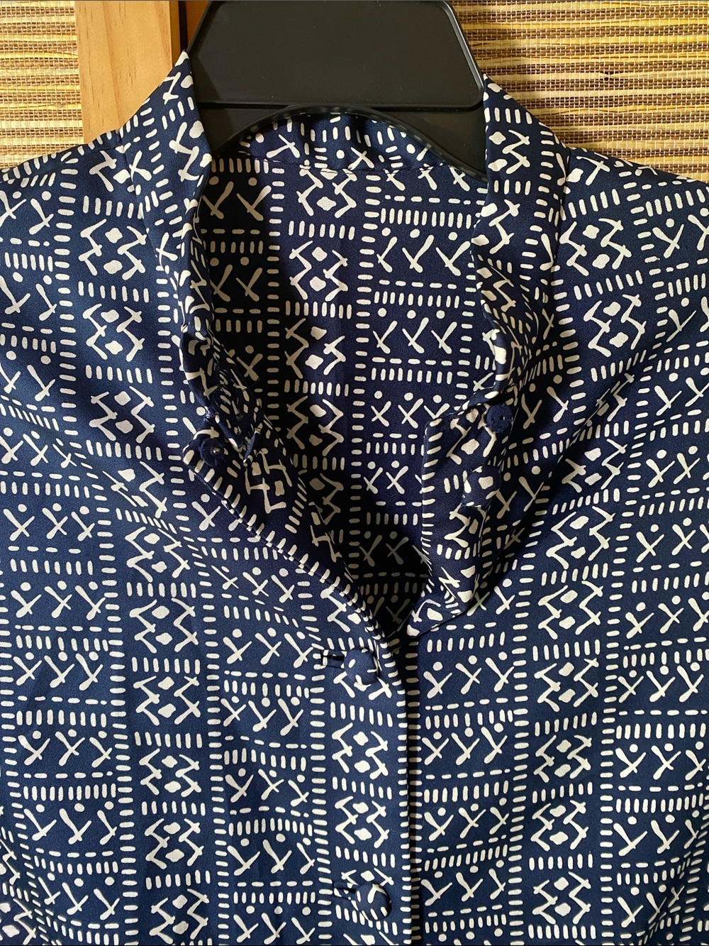 Maxi Length Shirt Dress Navy Blue & White Tribal Print